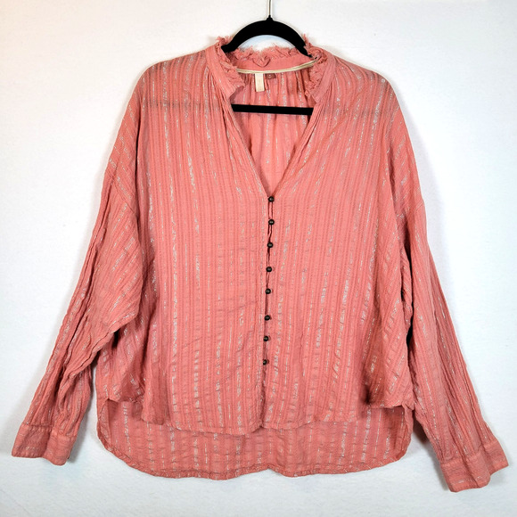 Pilcro Womens Tavi Striped Silver Button Lightweight Blouse Size XL Pink Western - Picture 1 of 10
